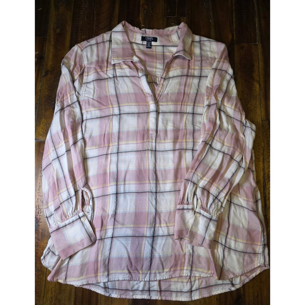 Chaps Womens XXL Pink Plaid Metallic Split Neck Long Sleeve Tunic Blouse Top